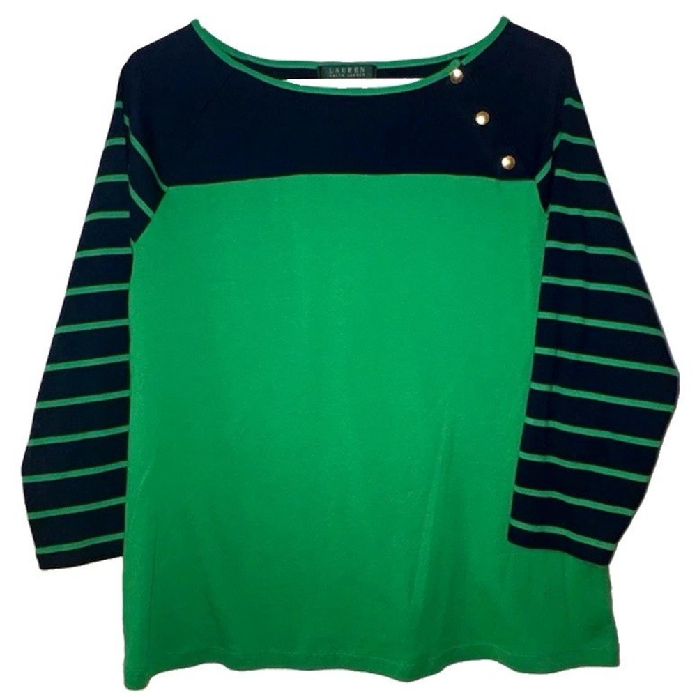Lauren Ralph Lauren Women's Green/Navy Striped Knit Crew Neck T-Shirt 1X